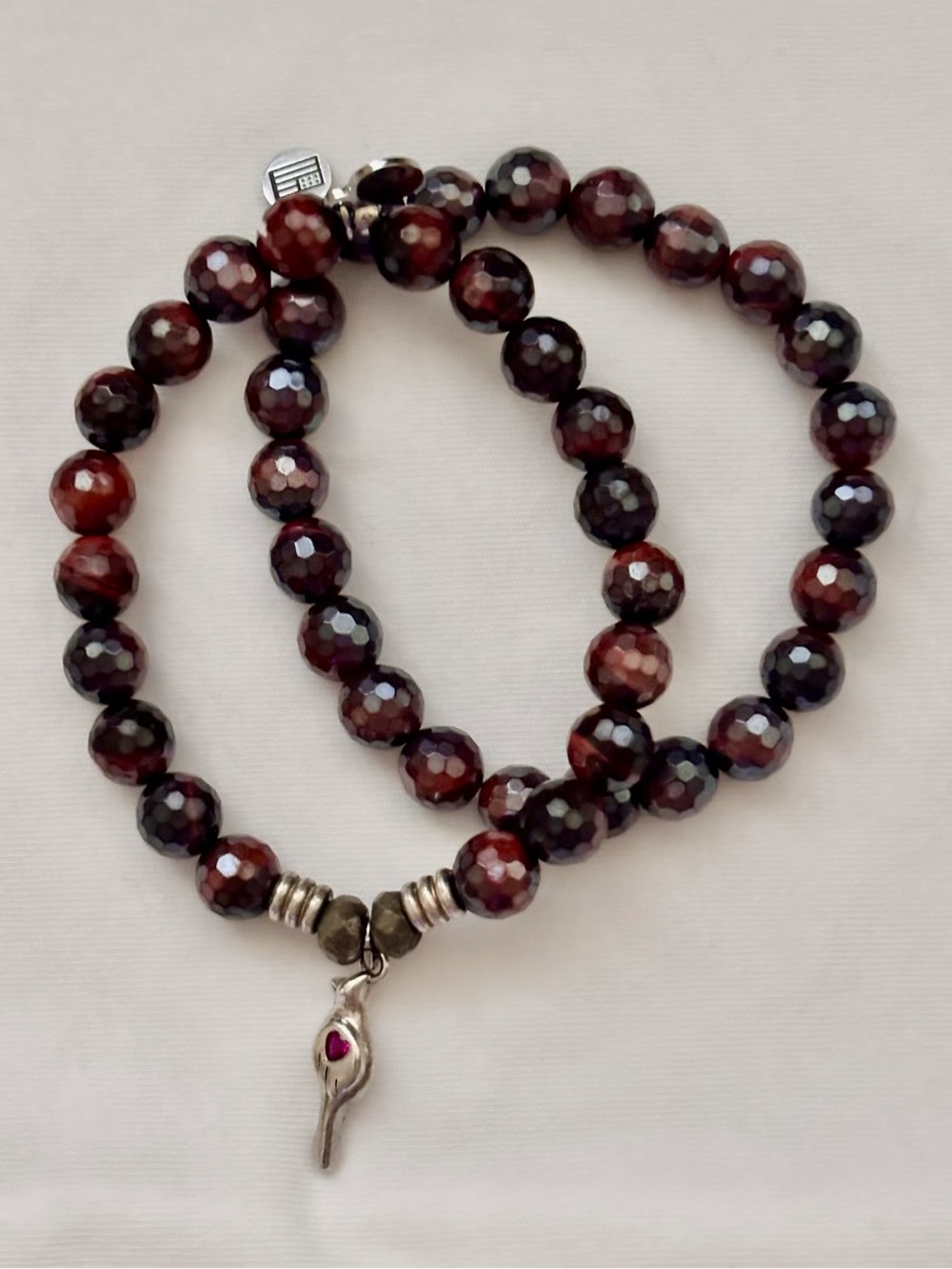 Faceted Garnet-Color Bead Double Wrap Bracelet with Silver Charm